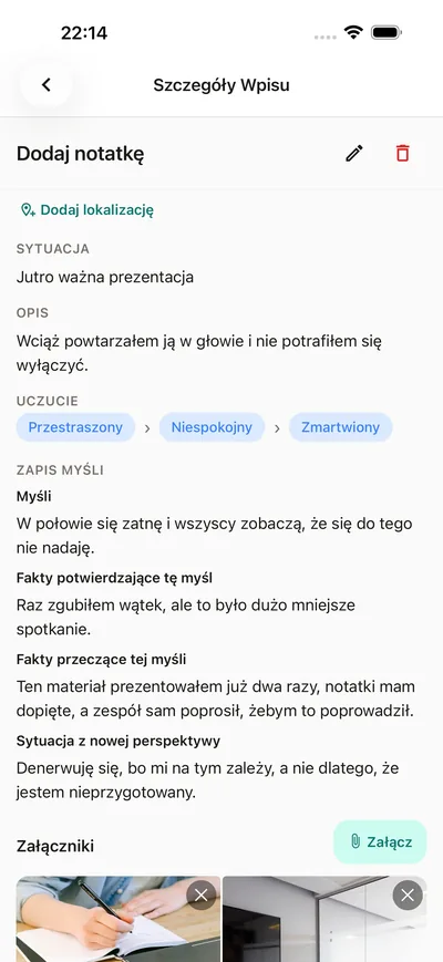 Prowadzony zapis myśli w dzienniku BrightLog — sytuacja, myśl i uczciwsze drugie spojrzenie