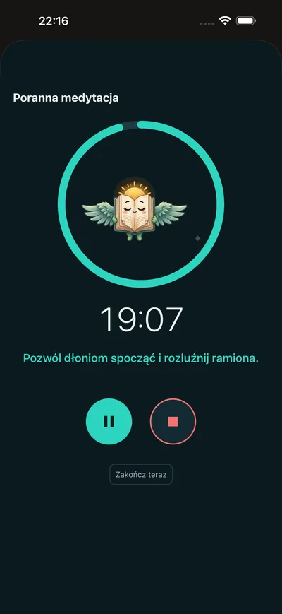 Trwająca sesja medytacji z przewodnikiem w BrightLogu — ciemny ekran, minutnik i łagodne wskazówki