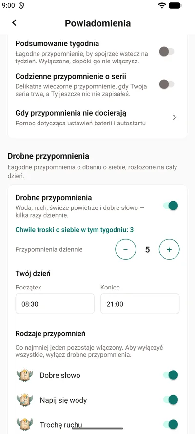 Ustawienia drobnych przypomnień w BrightLogu: przełącznik, chwile troski o siebie w tym tygodniu, liczba przypomnień dziennie i godziny Twojego dnia