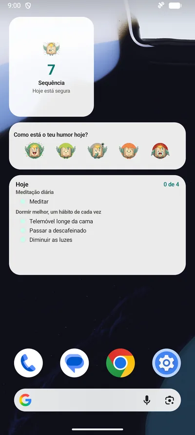 Um ecrã principal com os três widgets do BrightLog: uma sequência de 7 dias, as cinco caras de humor e as tarefas de hoje agrupadas por objetivo