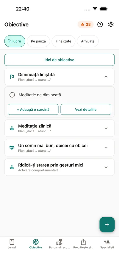 Obiectivele în BrightLog — sarcini cu propria cadență, bifate zi de zi, cu serii care pot fi protejate