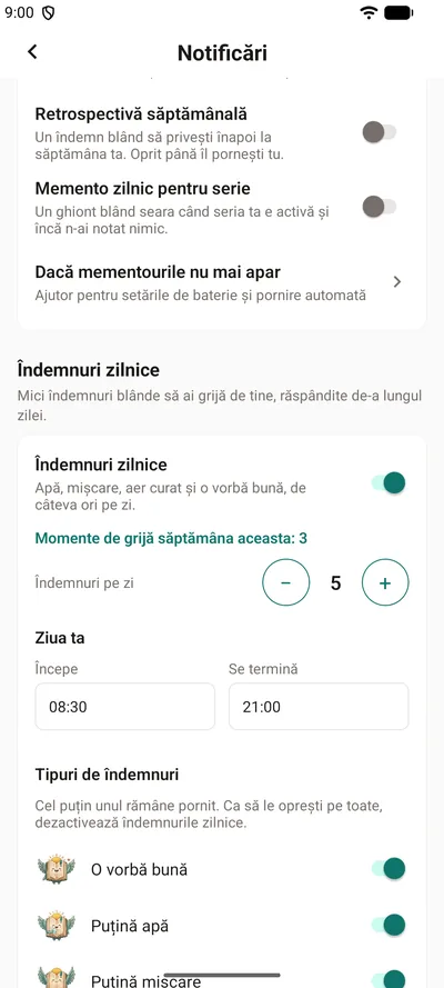 Îndemnurile zilnice în setările BrightLog — comutatorul, momentele de grijă din săptămâna aceasta, numărul de îndemnuri pe zi și intervalul zilei tale