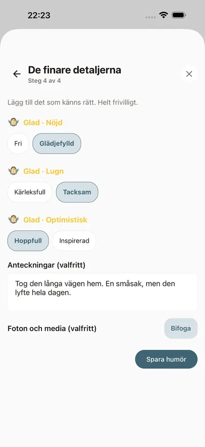 Att logga humöret i BrightLogs check-in — en nivå, en namngiven känsla och en frivillig rad sammanhang med några tryck