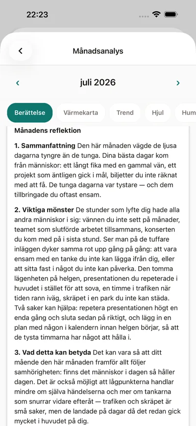 En månadsinsikt i BrightLog — månadens berättelse på vanlig svenska: humör, mönster och ett förslag