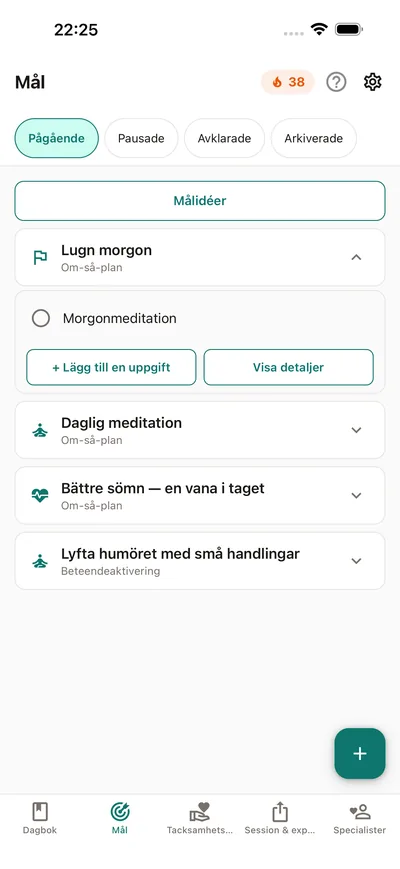 Mål i BrightLog — uppgifter med egna rytmer, avbockade dag för dag, med sviter som går att skydda