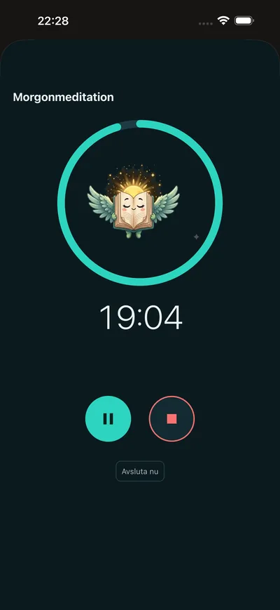 Ett pågående guidat meditationspass i BrightLog — mörk skärm, timer och milda instruktioner