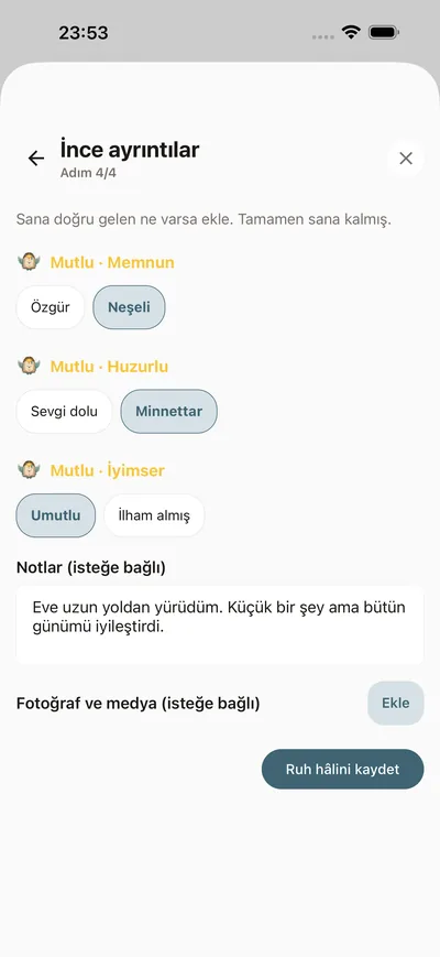 BrightLog'un günlük ruh hâli check-in'i — iki dakika kuralına rahatça sığan, iki dokunuşluk bir kayıt
