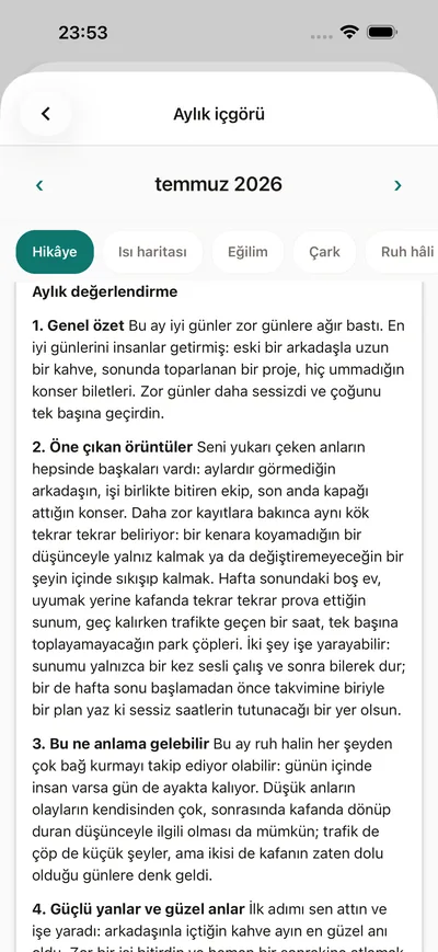 BrightLog'da bir aylık içgörü — ayın hikâyesi sade bir dille: ruh hâlleri, örüntüler ve bir öneri