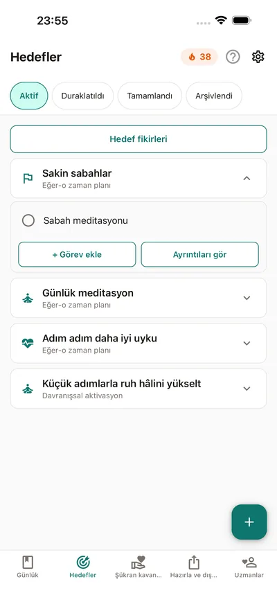 BrightLog'da hedefler — her biri kendi ritmine sahip, gün gün işaretlenen görevler ve korunabilen seriler