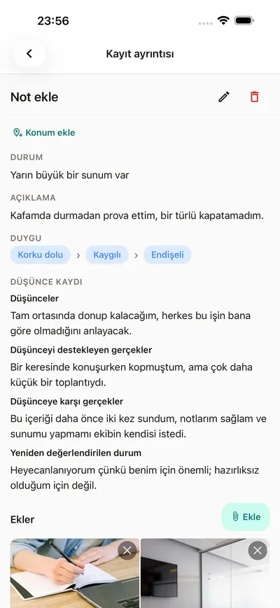 BrightLog günlüğünün içinde rehberli bir düşünce kaydı — durum, düşünce ve daha adil bir ikinci bakış