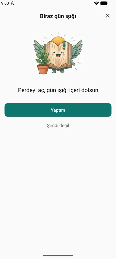 BrightLog’da bir küçük hatırlatma: “Biraz gün ışığı”, saksıdaki bir bitkinin yanında maskot, nazik bir cümle ve Yaptım ya da Şimdi değil düğmeleri