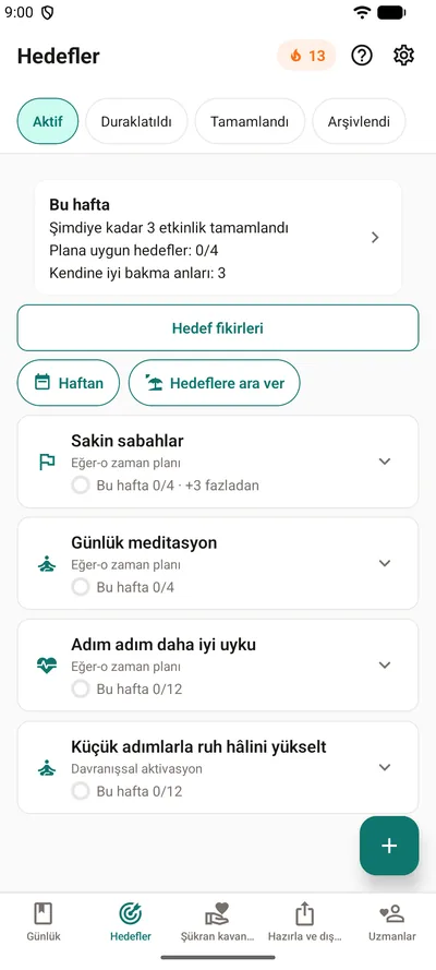 BrightLog’un Hedefler sekmesi: tamamlanan etkinlikleri, plana uygun hedefleri ve kendine iyi bakma anlarını gösteren “Bu hafta” şeridi, altında halkalarıyla dört hedef